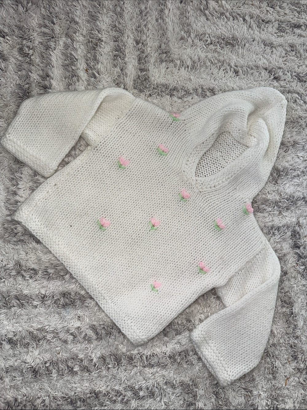 9-12m Cream Hooded Knit Sweater with Pink Floral Accents home made